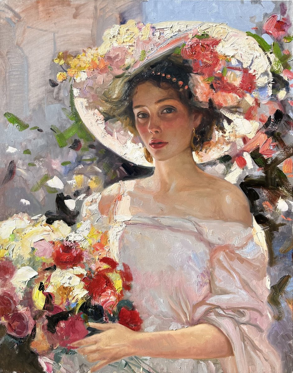 Impressionistic Portrait Oil Painting By Khanlar Asadullayev, 30 X 37", Woman With Flowers, Original Artwork