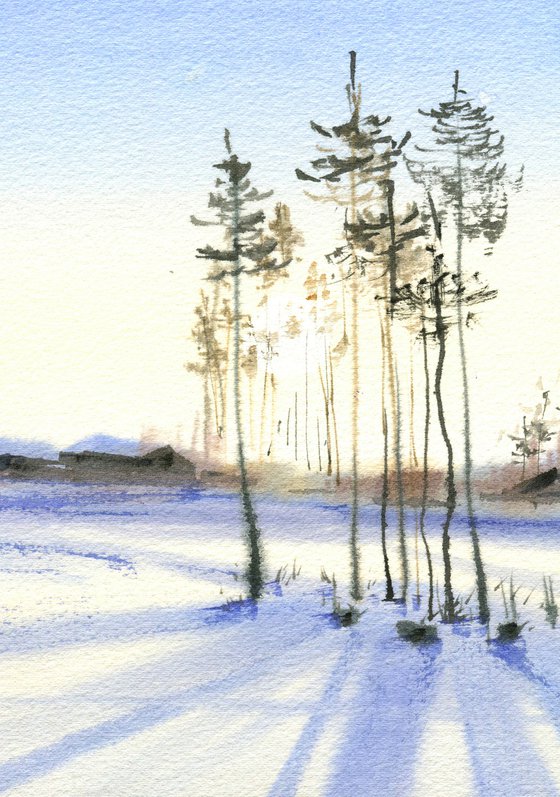 Sun in trees winter original landscape watercolor painting , christmas gift idea