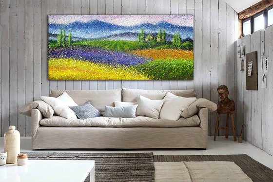 Large lavender wheat Impressionist Painting Large Summer fields Beautiful landscape