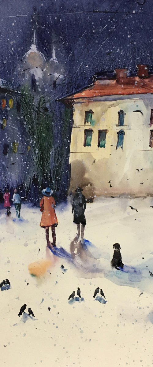Watercolor “Beautiful Winter Evening” by Iulia Carchelan