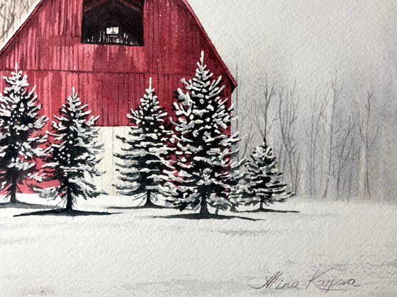 Red barn winter scene