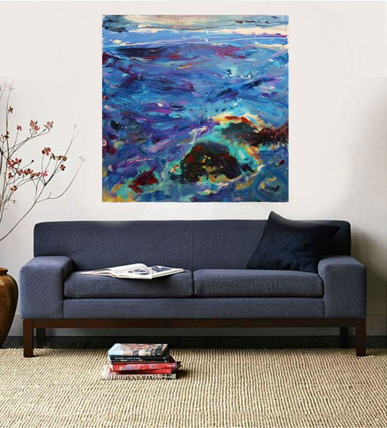 Sea landscape, 100x100cm, large abstract painting( 2016)