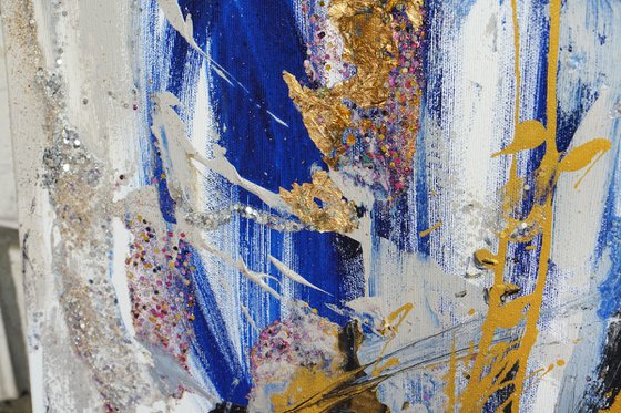 Shining gold leaf mixed medium painting with texture and beads
