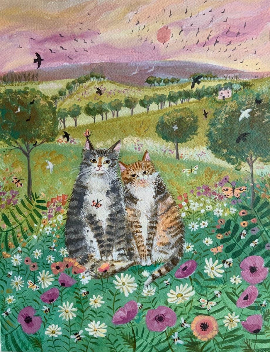 Illustrative Animal Acrylic Painting By Mary Stubberfield, 11 X 15", Country Cats, Original Artwork