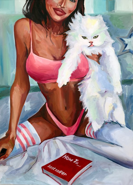 A MILLION WAYS HOW TO... - oil painting on canvas, cat, white, woman, erotics, humor, pink, erotic and nude, girl, book