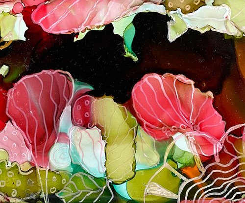Alcohol Ink Floral Tile 4 1.2 by 13 Bloomimg Garden with Stand by Rosie Brown