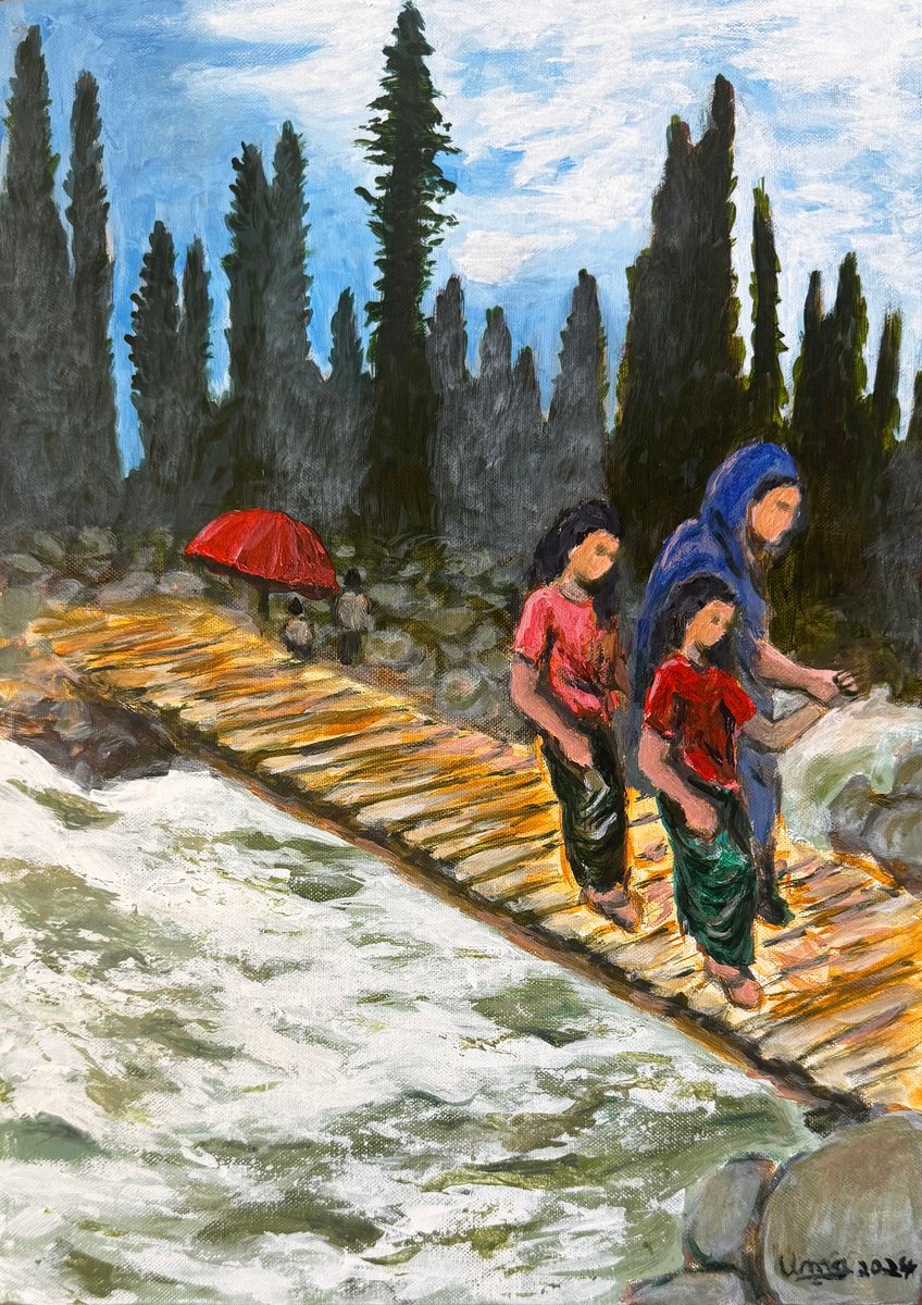 Impressionistic Landscape Acrylic Painting By Uma Krishnamoorthy, 10 X 14", Crossing The Bridge, Original Artwork