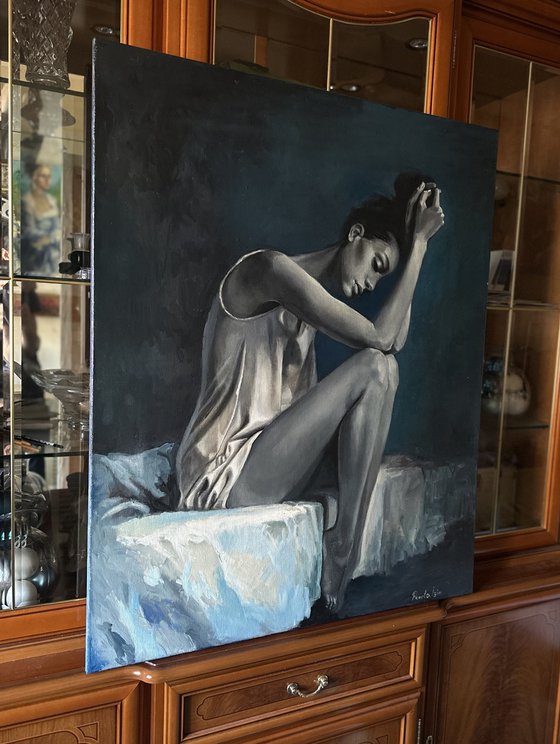 " Black and White Beauty " - 80 x 100cm Original Oil Painting Black and White to Dark Blue