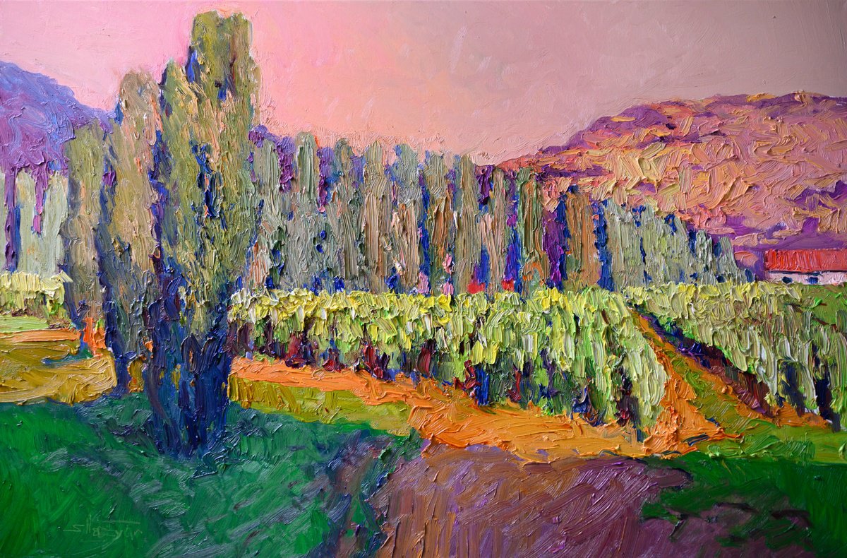 Expressive Landscape Oil Painting By Suren Nersisyan, 36 X 24", Vineyards And Poplars, Original Artwork
