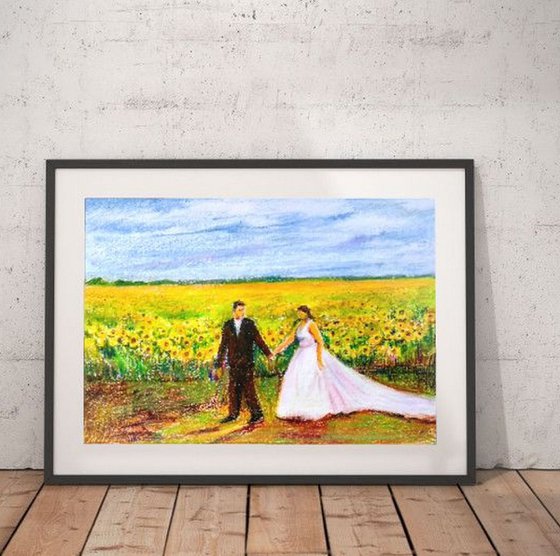 Newlyweds in a romantic Sunflower field