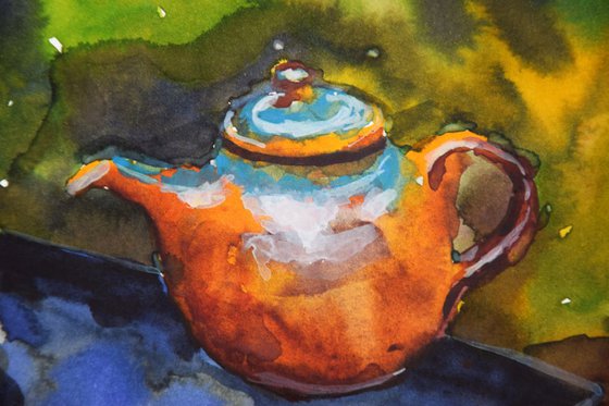 Watercolor painting postcard Cozy tea time h