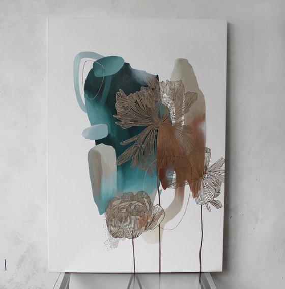 "Thincord 2" Abstract flower teal gold art
