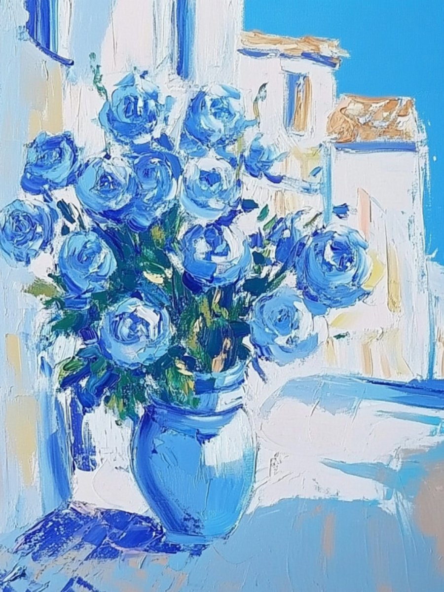Impressionistic Botanical Print By Elena Avanesova, 24 X 31, Blue Roses 3, Original Artwork