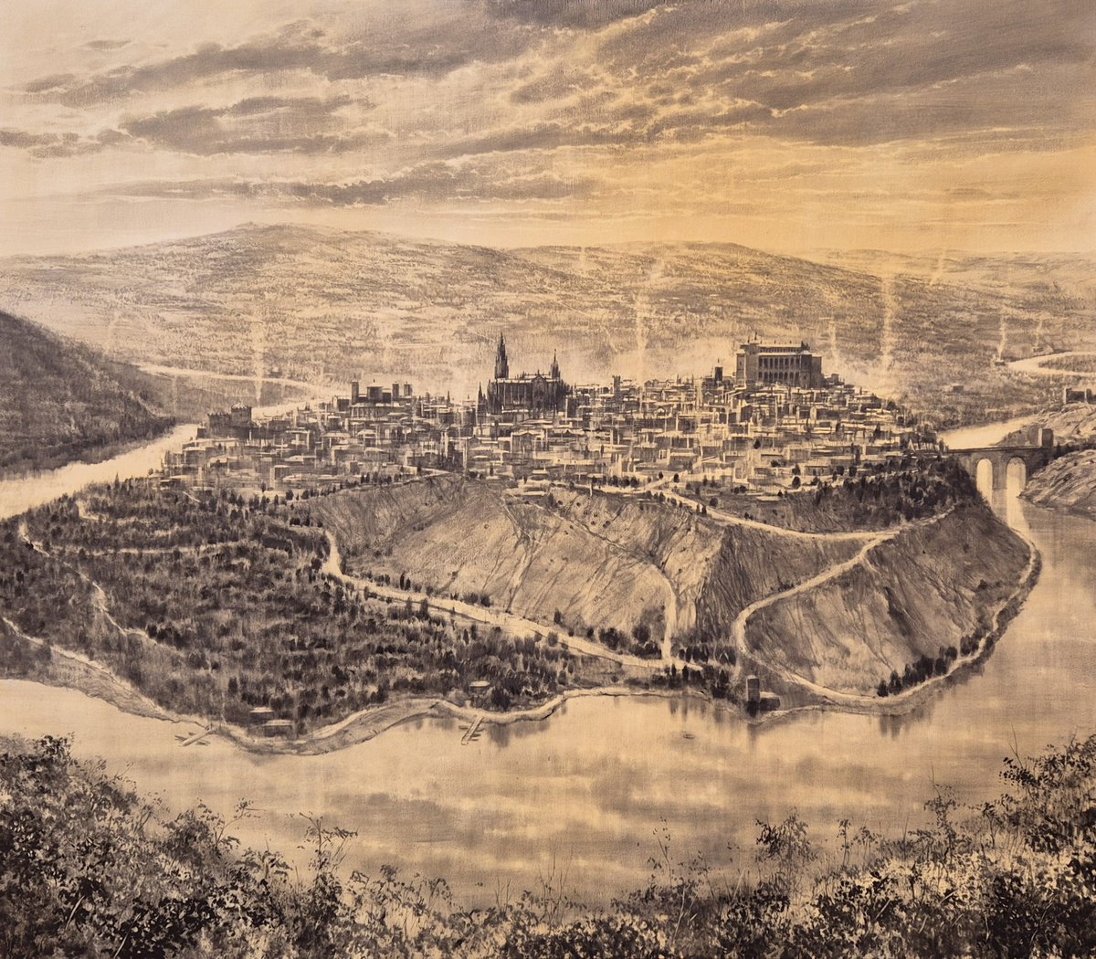 Expressive Cityscapes Oil Painting By Rafael Carrascal, 35 X 31", Toledo 1519, Original Artwork