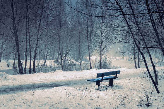 Blue bench.