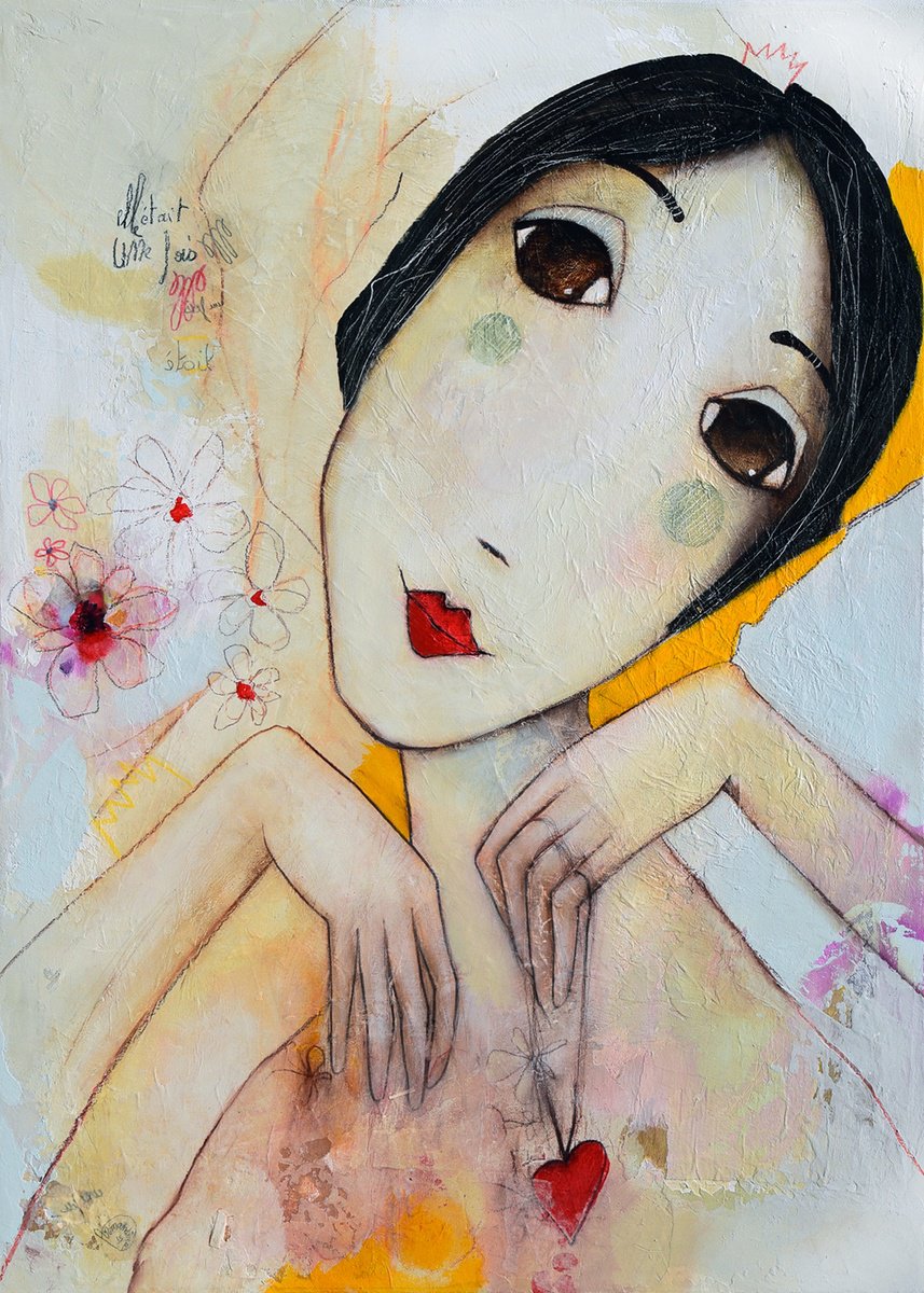 Expressive Portrait Acrylic Painting By Armandine Js, 20 X 28, Elle i?tait Une Fois, Original Artwork