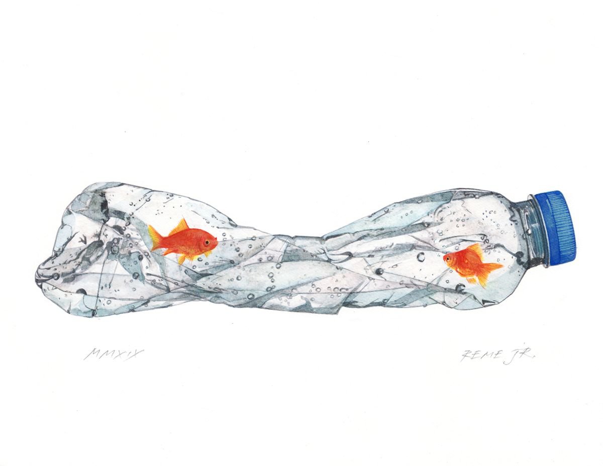 two goldfish in a crumpled plastic bottle
