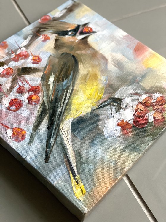 Waxwing small bird original oil painting. Square canvas, gift for Christmas/ new year. Yellow bird with red berries. Winter and snow. Made with love!