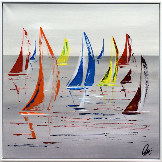 Small Race  acrylic abstract painting sailboat painting framed canvas wall art