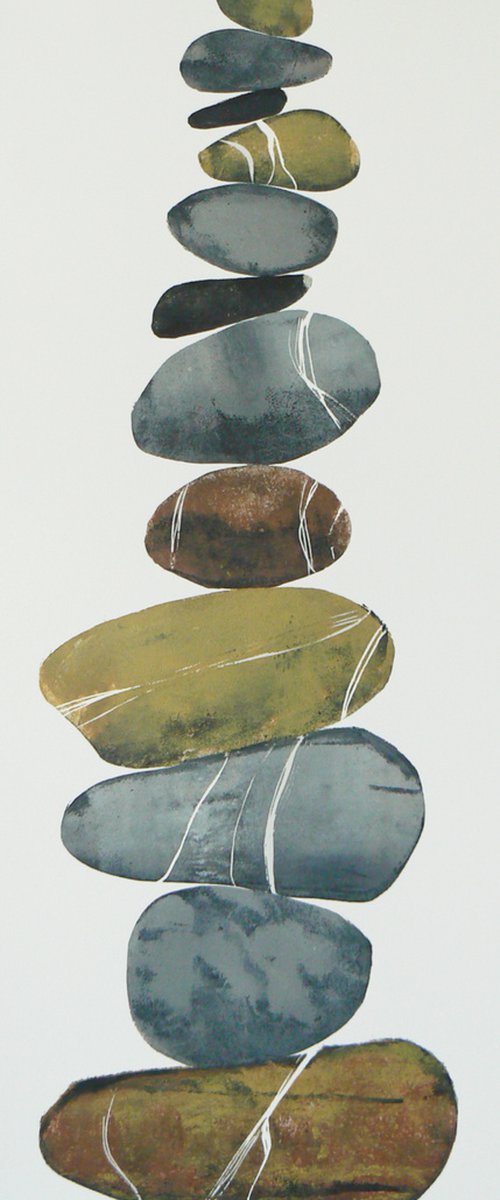 Zen stones - Twelve stones #2  (banded balancing stones lino/monoprint) by Carolynne Coulson