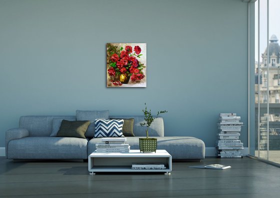 BOUQUET OF RED ROSES  palette knife still life  flowers Dutch style  office home decor gift