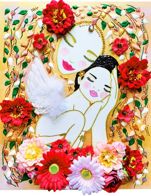 Love Mother Earth and angel baby girl. Summer floral woman with pink red gerbera flowers by BAST