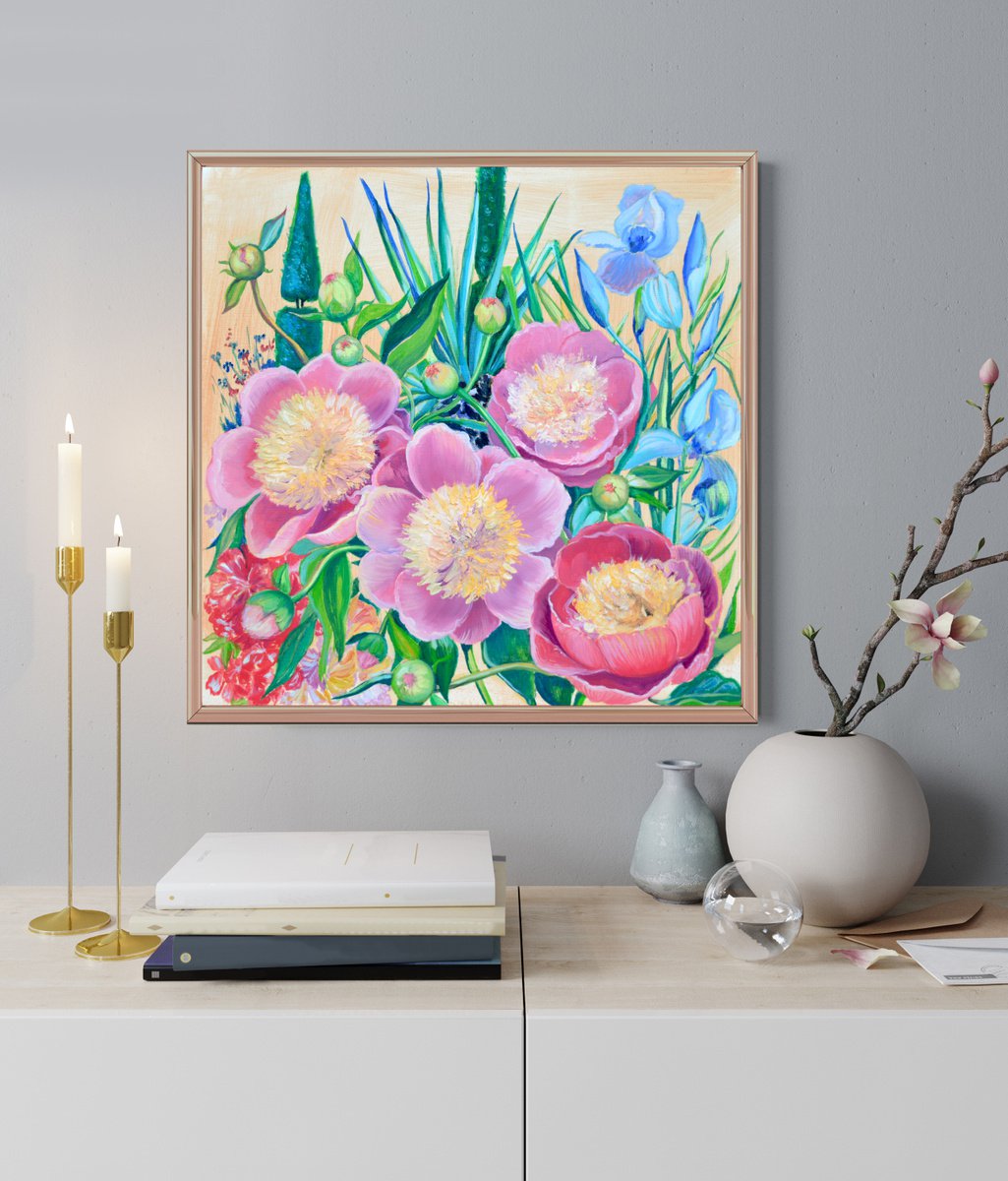 Impressionistic Botanical Oil Painting By Milena Gaytandzhieva, 20 X 20", Flower Garden, Original Artwork