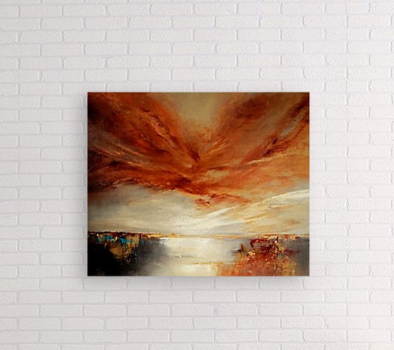 "Honey  Skies"  gold, blue, brown  abstract oil  painting  65cm x 54 cm