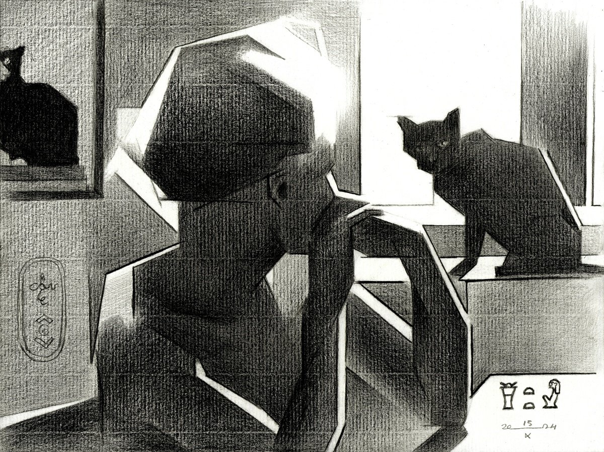 Geometric Portrait Pencil Drawing By Corne Akkers, 11 X 8, Bastet - 15-10-24, Original Artwork