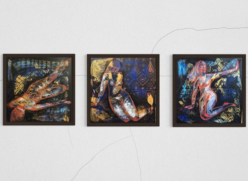 “Three poses” nude figurative triptych by Yuliia Chaika