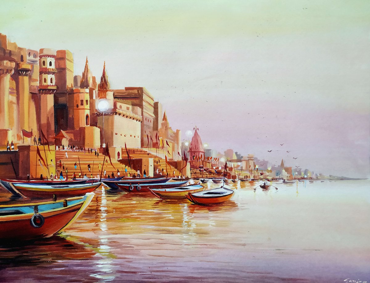 Impressionistic Cityscapes Acrylic Painting By Samiran Sarkar, 30 X 24", Early Morning Varanasi Ghats, Original Artwork