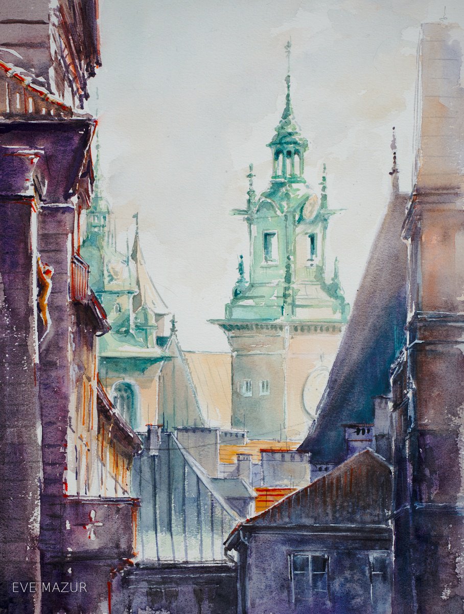 Impressionistic Cityscapes Watercolour By Eve Mazur, 12 X 16, Krakow, Poland, Original Artwork