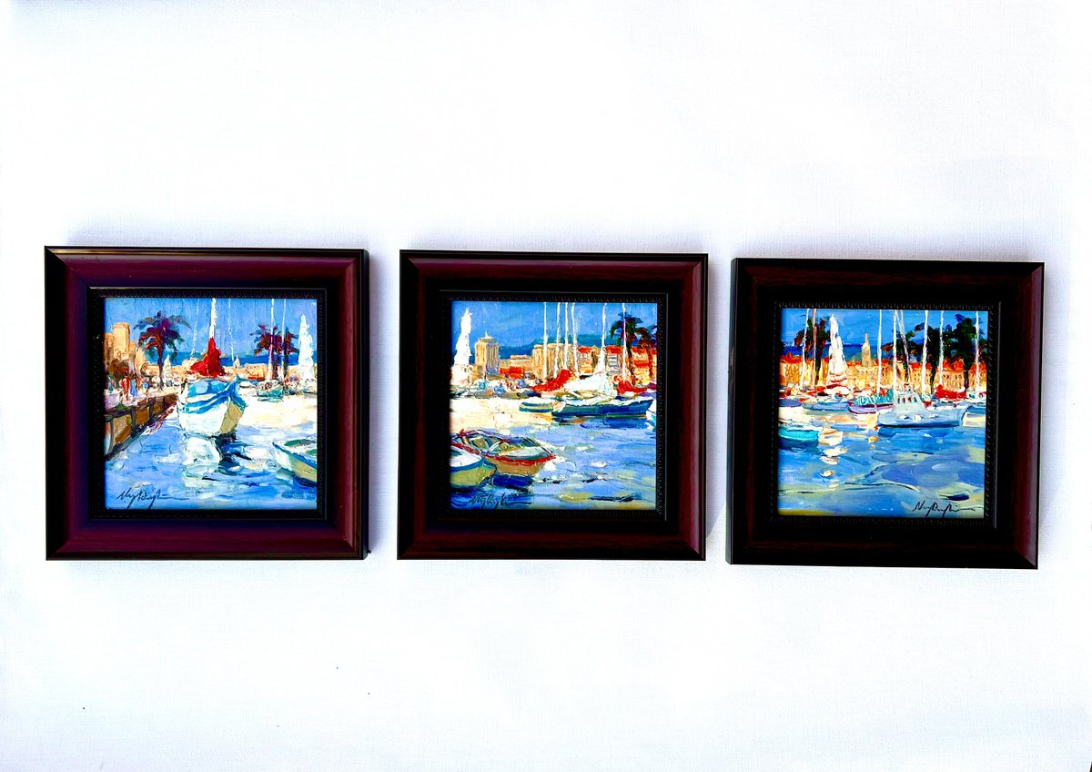 Impressionistic Landscape Oil Painting By Dong Lin Zhang, 33 X 11, On The Pier (Blue), Original Artwork