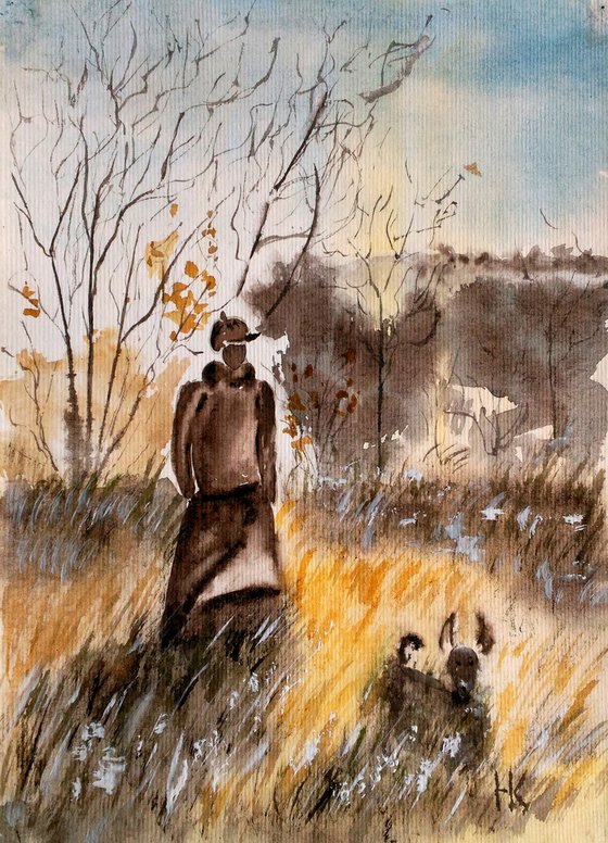 Fall Painting Landscape Original Art Walking Dog Watercolor Woman and Dog Artwork Autumn Stroll Artwork Home Wall Art 8 by 11" by Halyna Kirichenko