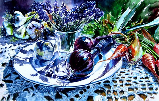 Still life with vegetables and lavender