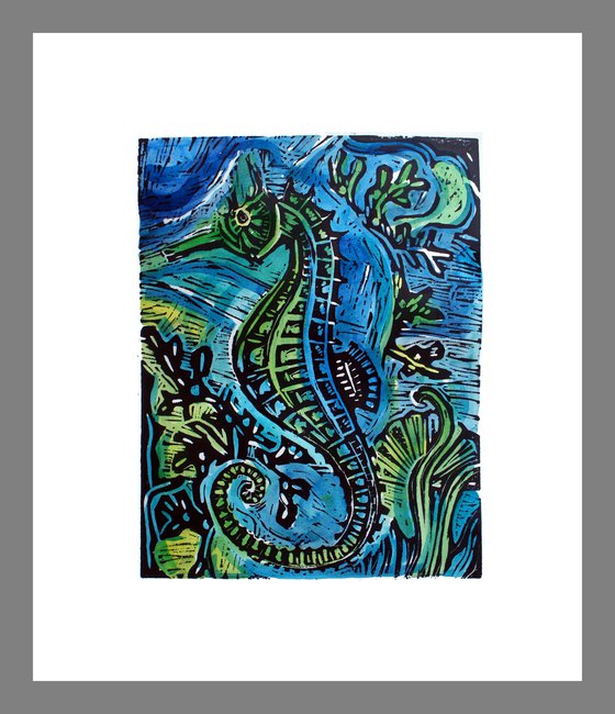 Seahorse Lino print - hand coloured