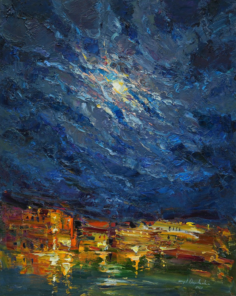 Impressionistic Landscape Oil Painting By Alisa Onipchenko-Cherniakovska, 16 X 20, Night In Venice, Original Artwork