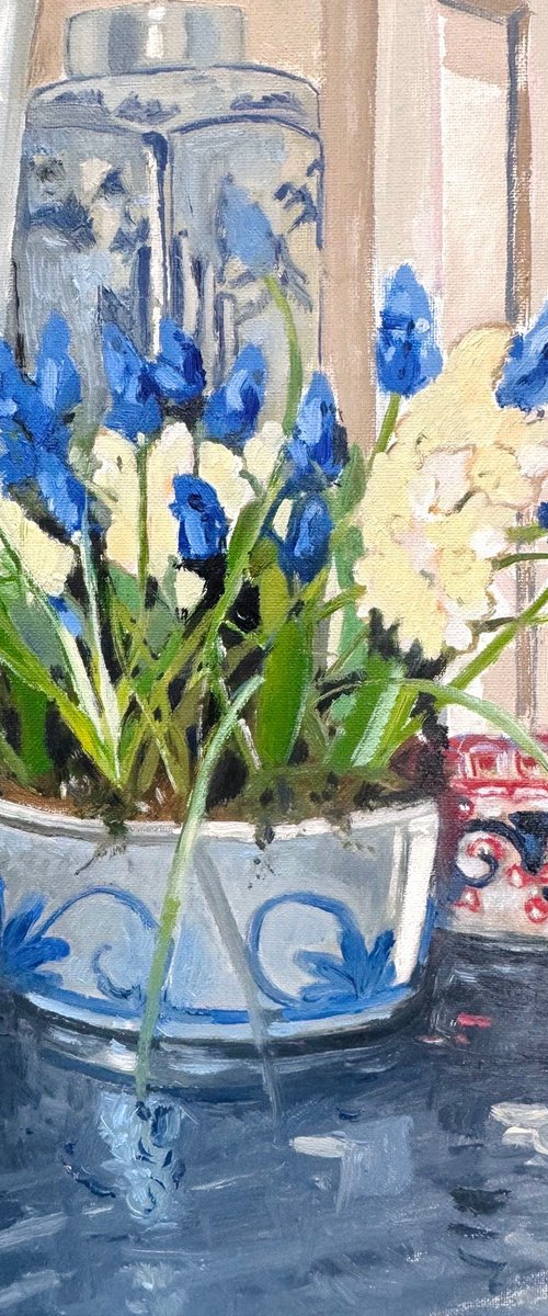 Pottery and hyacinths by Natalie Bird