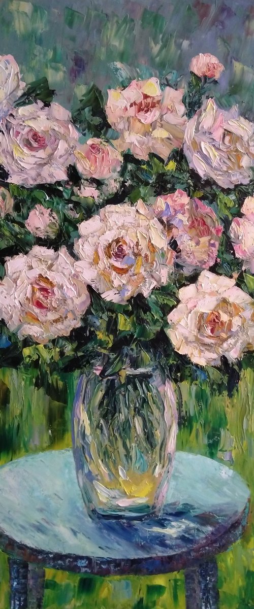 Pink roses (100x80cm, oil painting, palette knife) by Andranik Harutyunyan