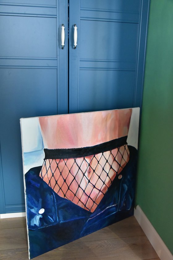 CAGE - painting on canvas woman body nude tights blue jeans freedom infinity home interior office art feminism erotic art