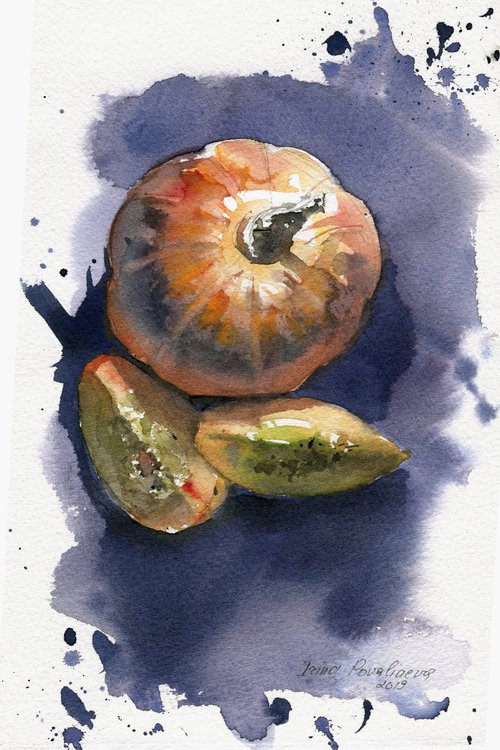 Pumpkin etude 1, 18,5x28, watercolor, orange, yellow, blue, stillife, pumpkin by Irina Povaliaeva