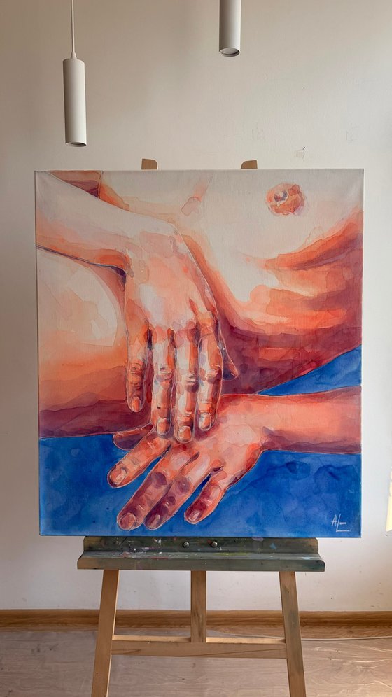 Two hands with blue background