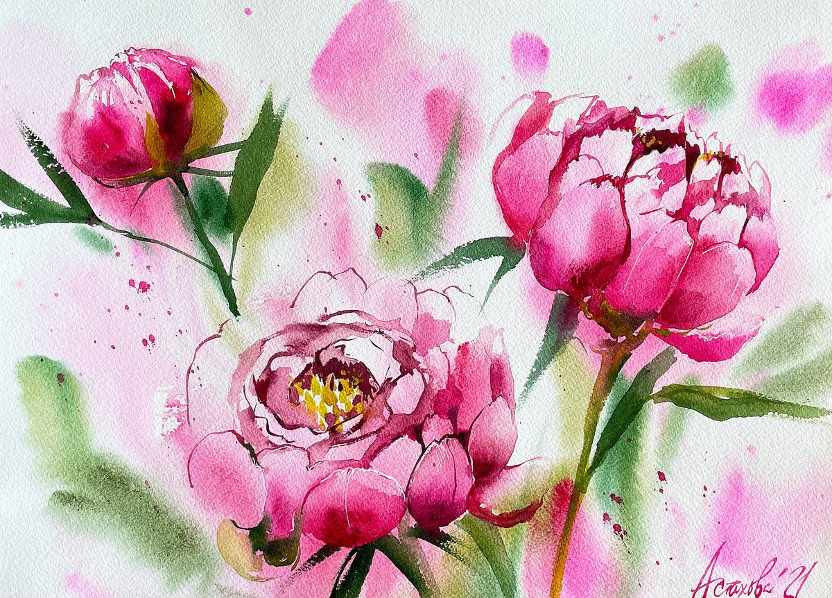 Impressionistic Botanical Watercolour By Ksenia Astakhova, 15 X 11", Three Peonies, Original Artwork
