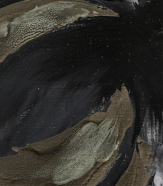 BLACK VEIL - Foil painting. Modern. Abstract. Gray shades. Hand-painted. Black. Flower. Textured. Golden leaf.