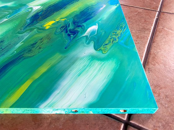 "Is My Reality Running?" - Original Abstract PMS Fluid Acrylic Painting on a Recycled Desk Panel - 23.5 x 14.5 inches