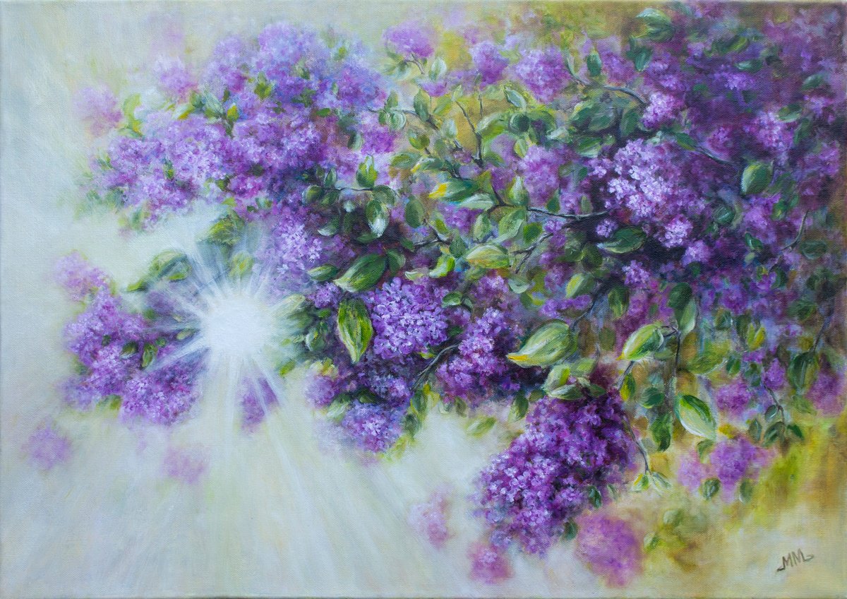 Impressionistic Botanical Oil Painting By Mila Moroko, 28 X 20", Sunny Lilac, Original Artwork