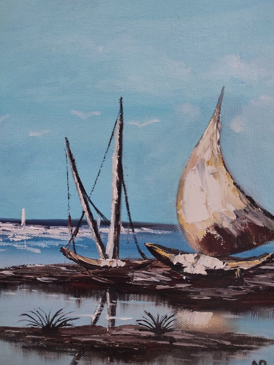 Boat, original sea ocean oil painting, impressionistic art, gift idea