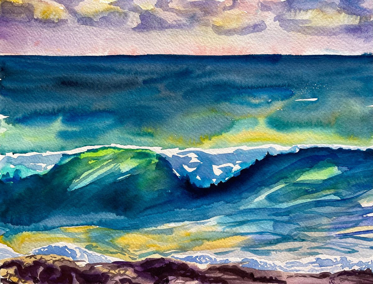 Ocean Watercolor Painting, Sunset Seascape Original Artwork, Coastal Wall Art, Beach House... by Kate Grishakova