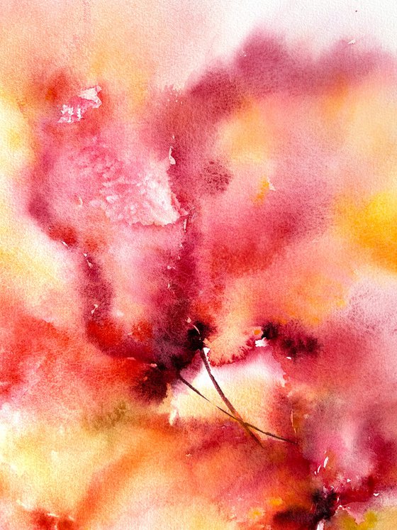 Flowers. Abstract floral painting in red and yellow colors