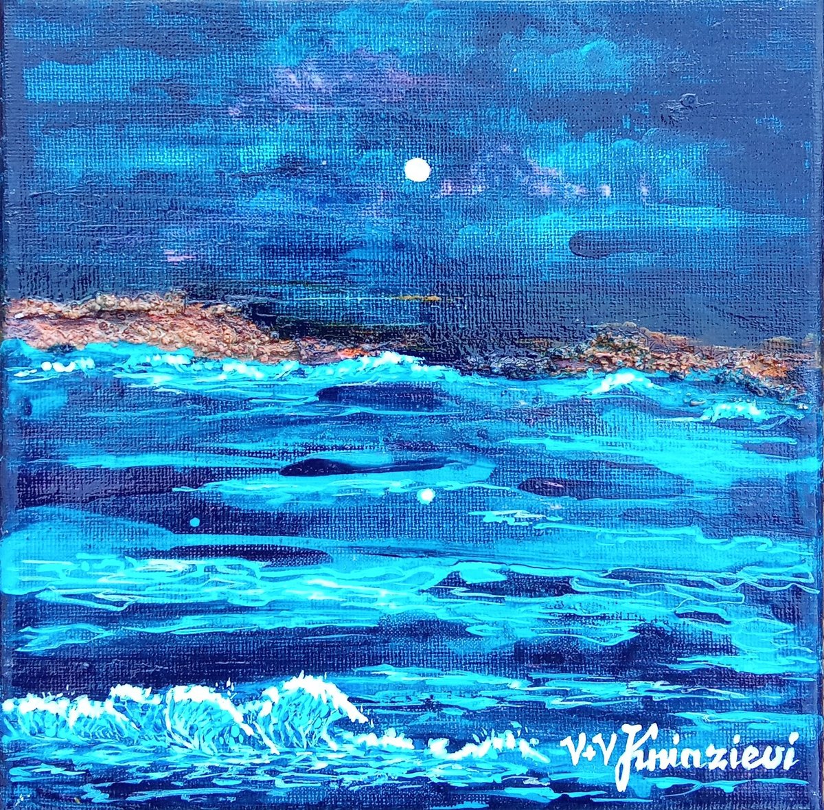 Impressionistic Landscape Acrylic Painting By V+V Kniazievi, 8 X 8", "Calming Seascape #2", Original Artwork